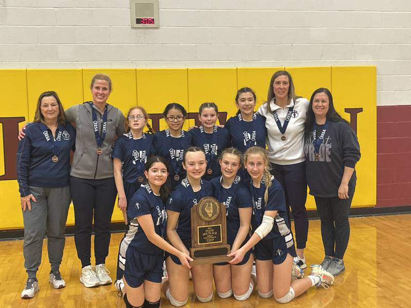 The Trinity Catholic seventh grade volleyball team placed third in the IESA Class 1A state tournament. Team members are Allie Inman, Brenna Waszkowiak, Alicia Garcia, Sofia Sarabia, Sophia Cipriano-Trainor, Avery Torres, Lily Tielebein and Aubrey Urbanski. The team is coached by Laura Urbanski, Tara Duncan and Liz Gryzbowski.