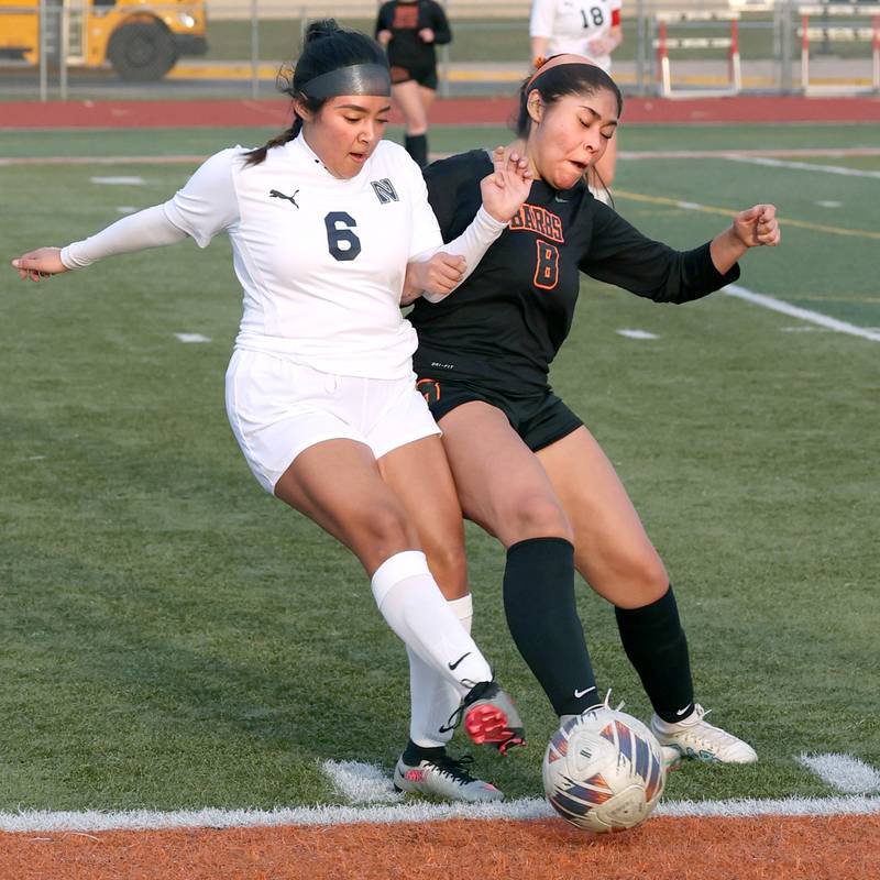 DeKalb's Carla Murrieta and Belvidere North's Keyla Suarez collide going after the ball during their game Tuesday, March 12, 2024, at DeKalb High School.