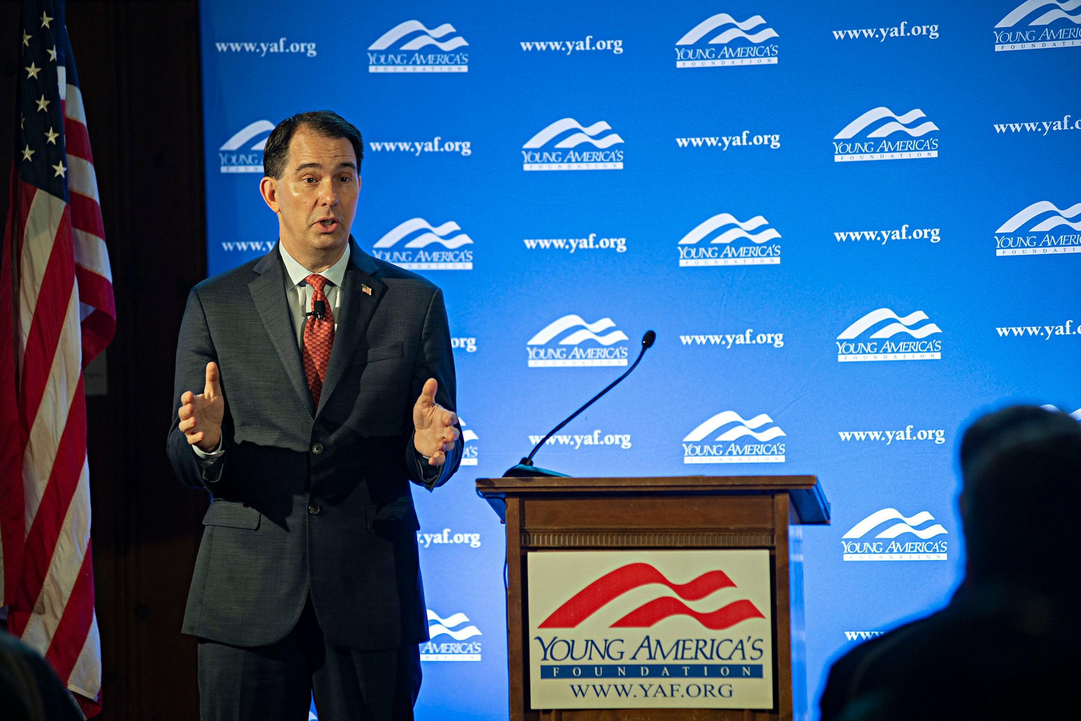 Governor Scott Walker, president of the Young America's Foundation, speaks to a group Saturday, May 7, 2022 at the Loveland House in Dixon. The YAF, owners of the Reagan boyhood home,  held a conference over the weekend for high school students interested in conservative values. The group listened to several speakers and networked with other like minded individuals.