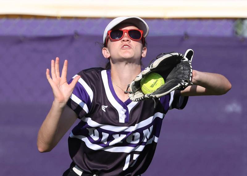 Dixon’s Kiley Gaither catches a line drive during their Class 3A regional championship game against Sycamore Thursday, May 23, 2024, at Rochelle High School.