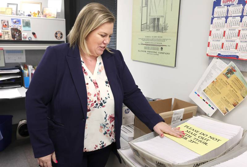 DeKalb County Clerk Tasha Sims gets vote-by-mail ballots ready to send Wednesday, Feb. 22, 2023, in the DeKalb County Administration Building in Sycamore. Ballots will be sent out Thursday, Feb. 23.