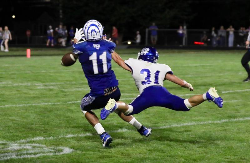 Newman's Cody McBride defends against a pass intended for Princeton's Noah LaPorte Friday night at Bryant Field. The Tigers won 28-14.