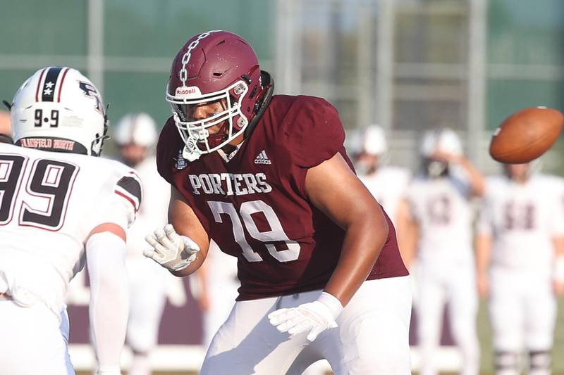 Lockport’s Ethan Posey looks to block against Plainfield North on Friday, August 30, 2024 in Lockport.