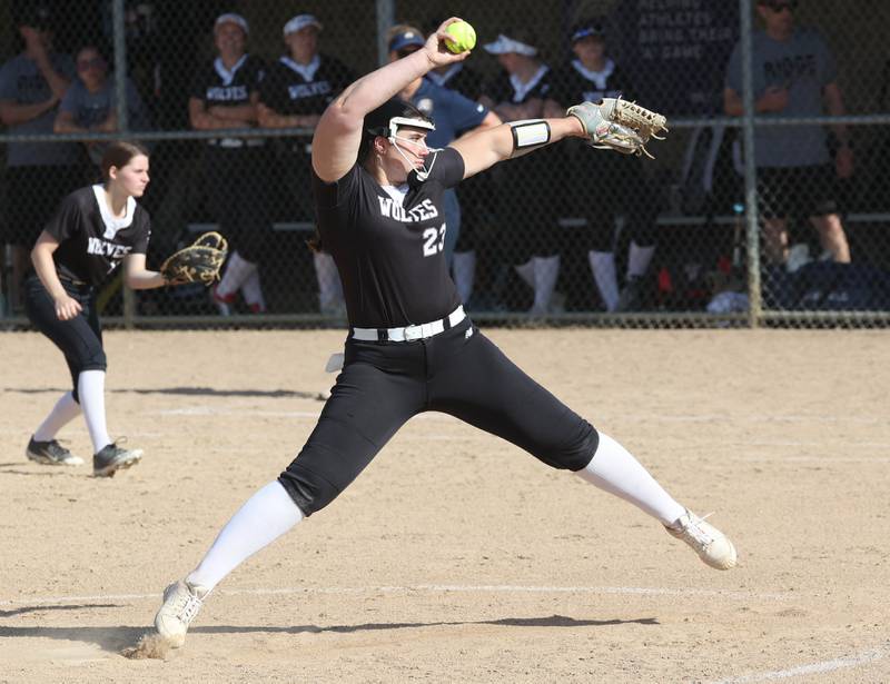 Prairie Ridge's Reese Mosolino delivers a pitch during their Class 3A sectional semifinal game against Sterling Wednesday, May 29, 2024, at Sycamore High School.