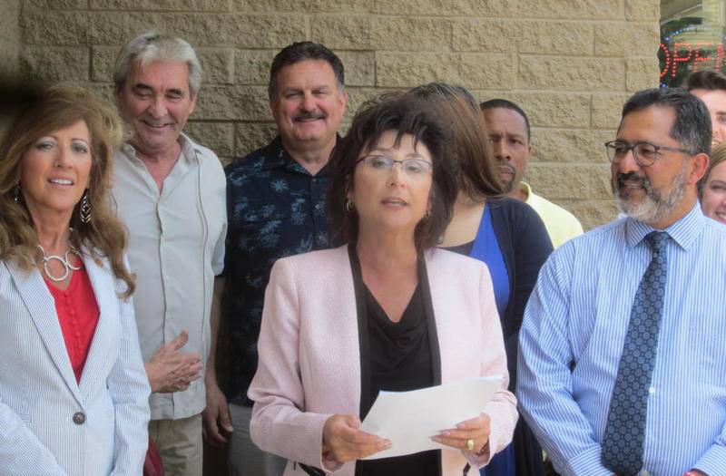 Kane County Board member Theresa Barreiro, D-Aurora, (center) formally announced her candidacy July 9 for Kane County Circuit Clerk in the November 2020 general election. She made her announcement at the Metra station in Geneva. Standing with her were State Sen. Linda Holmes, (left) D-Aurora, North Aurora trustee Michael Lowery, Kane County Democratic Chairman Mark Guethle, Kane County Board member Myrna Molina, D-Aurora (face obscured) Andy Williams Jr. and her husband, Dan Barreiro.