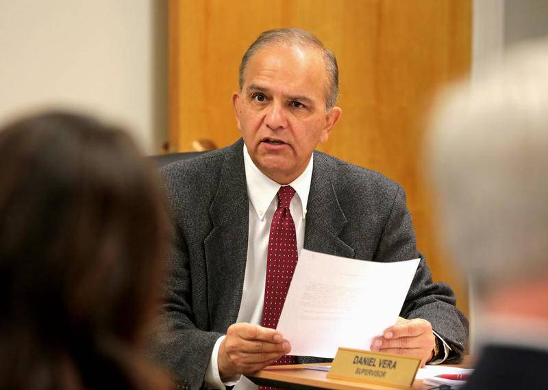 Joliet Township Supervisor Dan Vera reads from a prepared statement about pending litigation against him and the township on Tuesday, Nov. 19, 2019, at at Joliet Township Town Hall in Joliet, Ill.