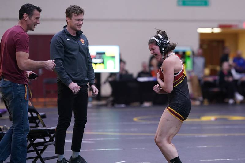 Shaumburg’s Madeline Zerafa-Lazarevi smiles after winning her 140 pound championship match against Andrews’ Alyssa Keane (not pictured) in the Schaumburg Girls Wrestling Sectional at Schaumburg High School on Saturday, Feb 10, 2024.