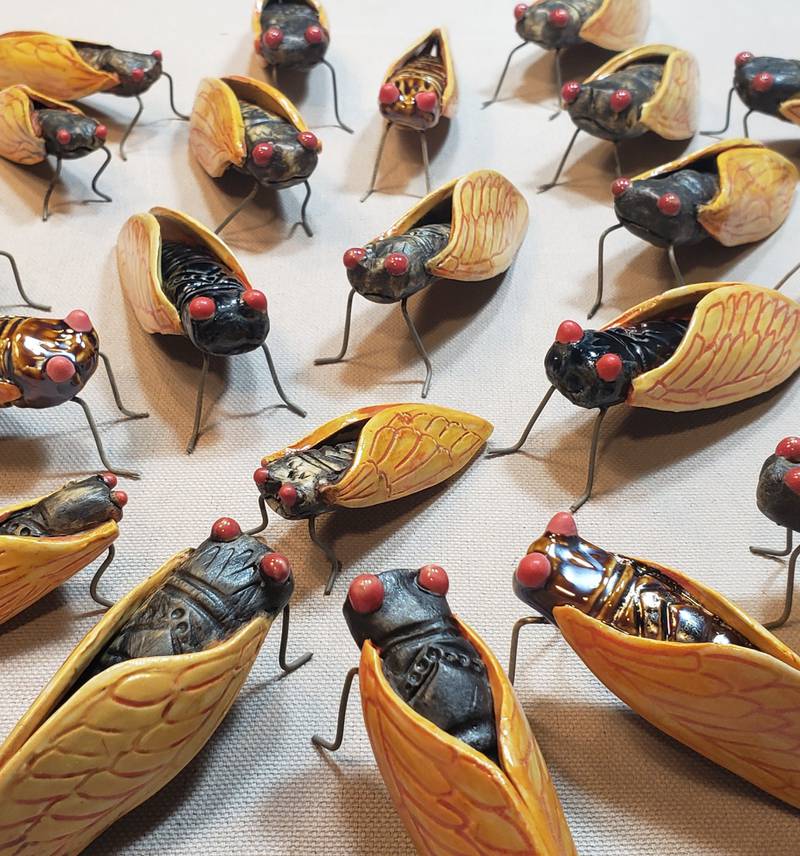 Clay cicadas made by artist Janell Mayer. Mayer is selling them out of Artisans on Main in Woodstock.