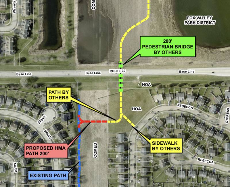 The red dashed line above indicates the 200 foot section of a proposed shared use path that the village of Montgomery plans to construct using a combination of village funds and a $30,030 grant from Kendall County. (Map courtesy of the village of Montgomery)