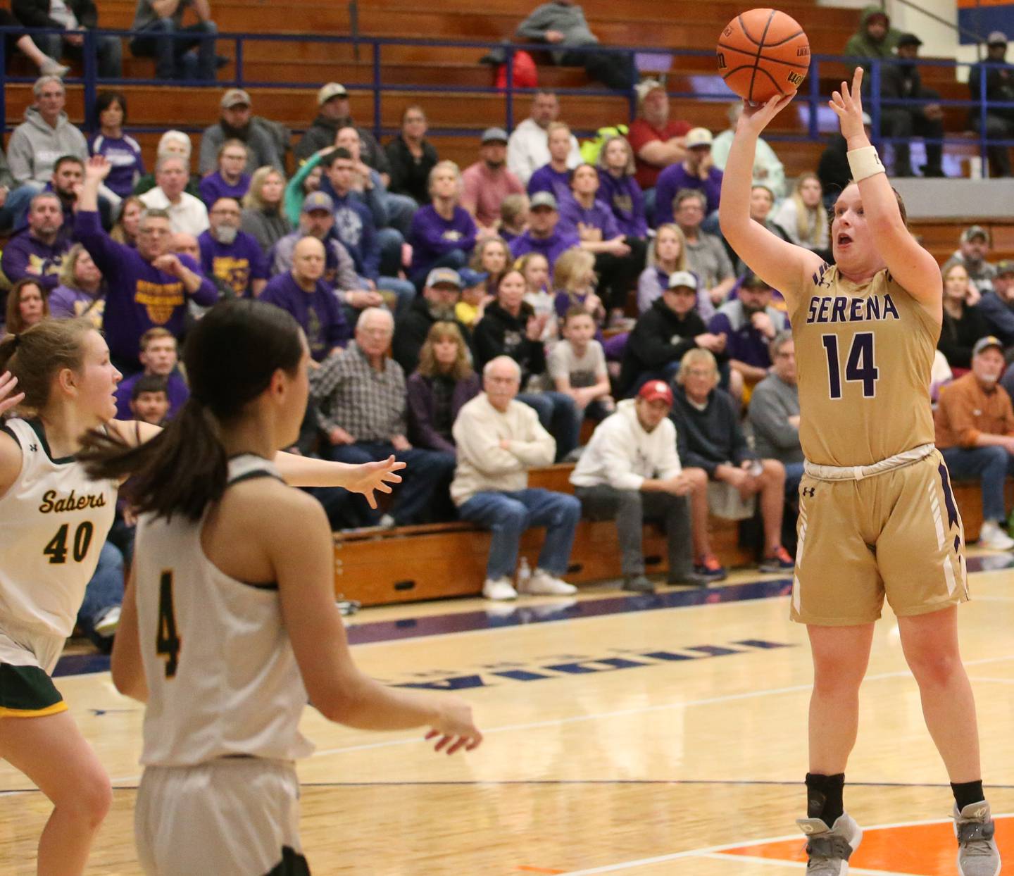 Serena's Reese Cole (14) shoots a wide-open shot during the Class 1A Pontiac Super-Sectional on Monday, Feb. 27, 2023.