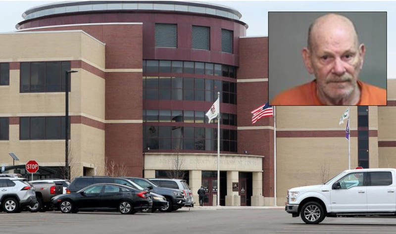 Inset of Thomas Sandberg in front of the McHenry County courthouse.