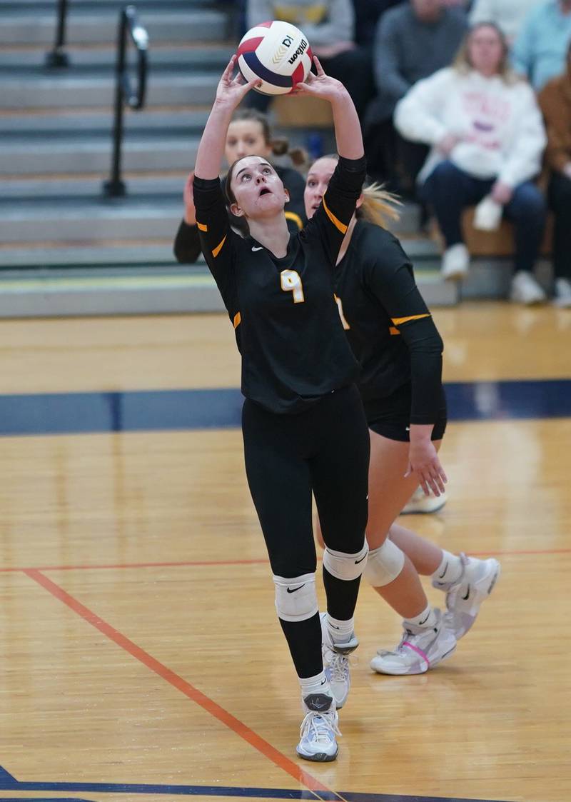 Joliet West's Julia Adams (9) sets the ball against Lincoln-Way West during a class 4A Oswego Sectional semifinal match at Oswego High School on Monday, Oct. 30, 2023.