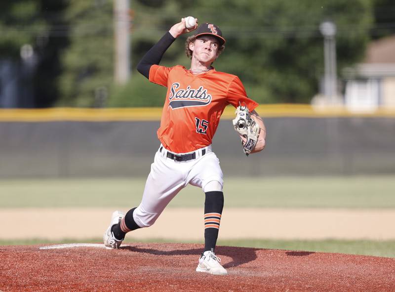 St. Charles East's Nate Moline (15) pitches during the Class 4A York regional semi-final between Wheaton Warrenville South and St. Charles East in Elmhurst on Thursday, May 23, 2024.