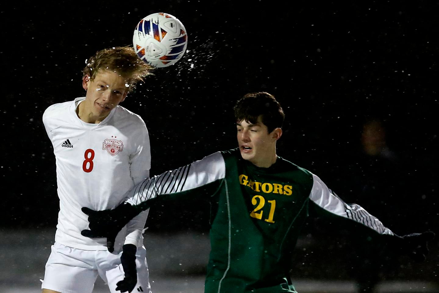 Timothy Christian's Trevor Munk tries to head the ball away from Crystal Lake South's Anthony Pupillo during the IHSA Class 2A Grayslake Central Supersectional soccer match on Tuesday, Oct. 31, 2023, at Grayslake Central High School.