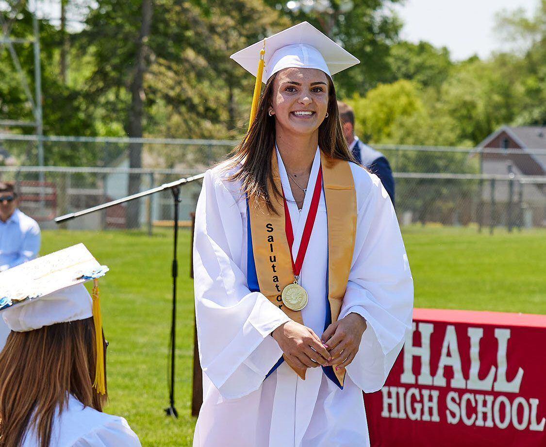 Hall High School salutatorian Promise Giacometti smiles after giving her speech during the graduation ceremony on Sunday, May 21, 2023, outdoors at the high school.