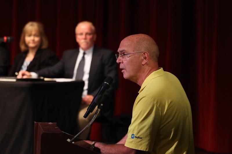 Joliet resident Damon Zdunich voices his concerns at a public hearing on the planned sale of Ascension Saint Joseph – Joliet hospital hosted by the Health Facilities & Services Review Board on Friday, Sept. 6, 2024 in Joliet