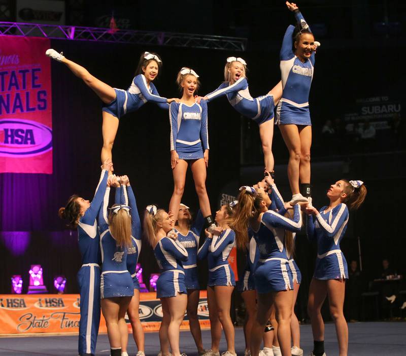 Members of the Burlington Central cheer team perform during the IHSA Cheer State Finals in Grossinger Motors Arena on Saturday, Feb. 4, 2023 in Bloomington.