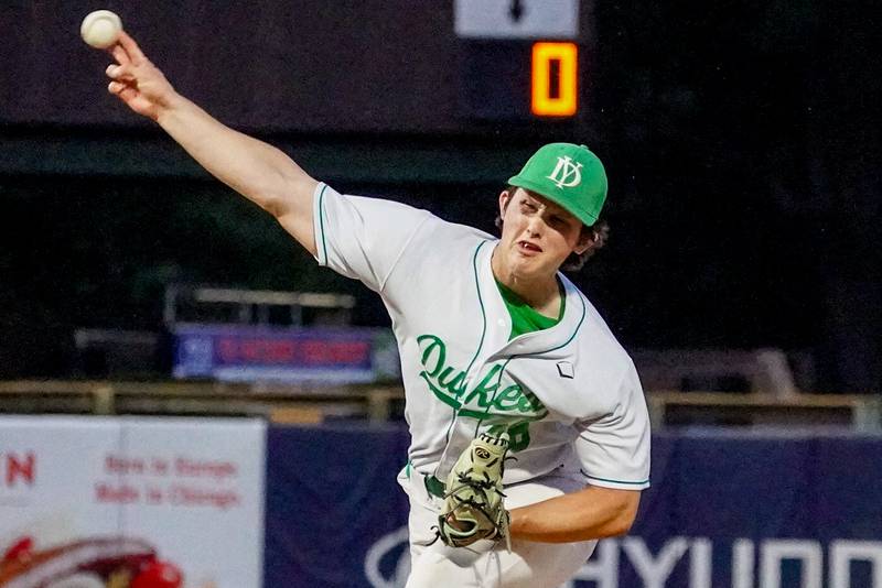 York's Ryan Sloan (26) delivers a pitch against McHenry during a class 4A Kane County supersectional baseball game at Northwestern Medicine Field in Geneva on Monday, June 3, 2024.