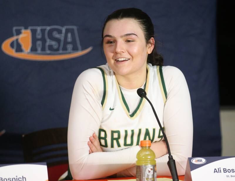 St. Bede's Ali Bosnich addresses the media after the game against Okawville in the Class 1A State semifinal on Thursday, Feb. 29, 2024 at CEFCU Arena in Normal.