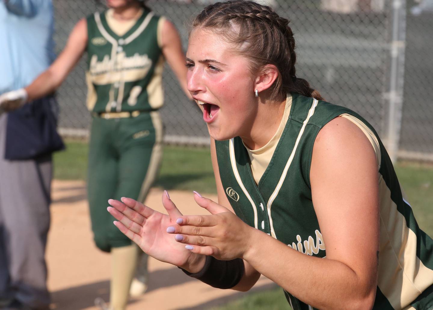St. Bede's Addison Bontz cheers on her teammates in the Class 1A Sectional semifinal game on Tuesday, May 23, 20223 at St. Bede Academy.