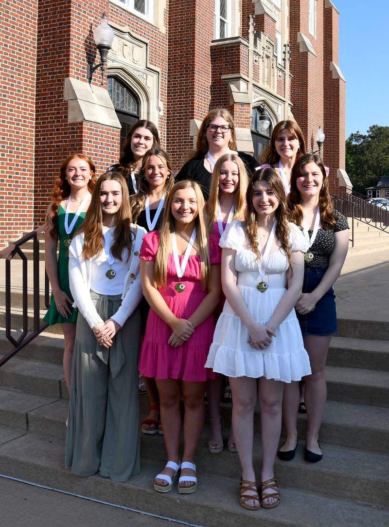 La Salle-Peru High School announced its top 10 academic students after eight semesters from the class of 2024. They are co-valedictorian Faith Arkins (front row, from left), Bridgit Hoskins, Natalie Perra, Addison Duttlinger (middle row, from left), salutatorian Isabelle Andrews, co-valedictorian Hailey Dzik, Gabrielle Mosley, Grace Miller (back row, from left), Ella Raef and Eleanor Radtke.