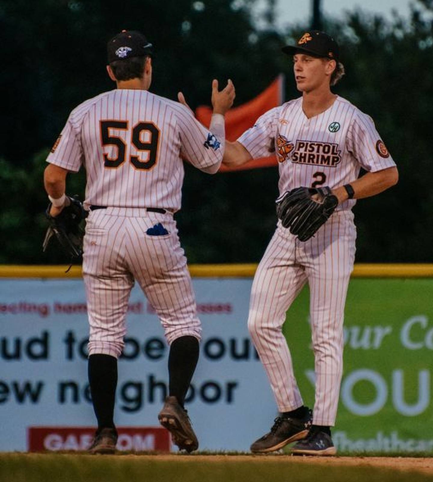 Chance Resetich (right) and Chris Esquivel high five during the Illinois Valley Pistol Shrimp's 8-5 victory over the Thrillville Thrillbillies on Tuesday, July 2, 2024 at Schweickert Stadium in Peru.