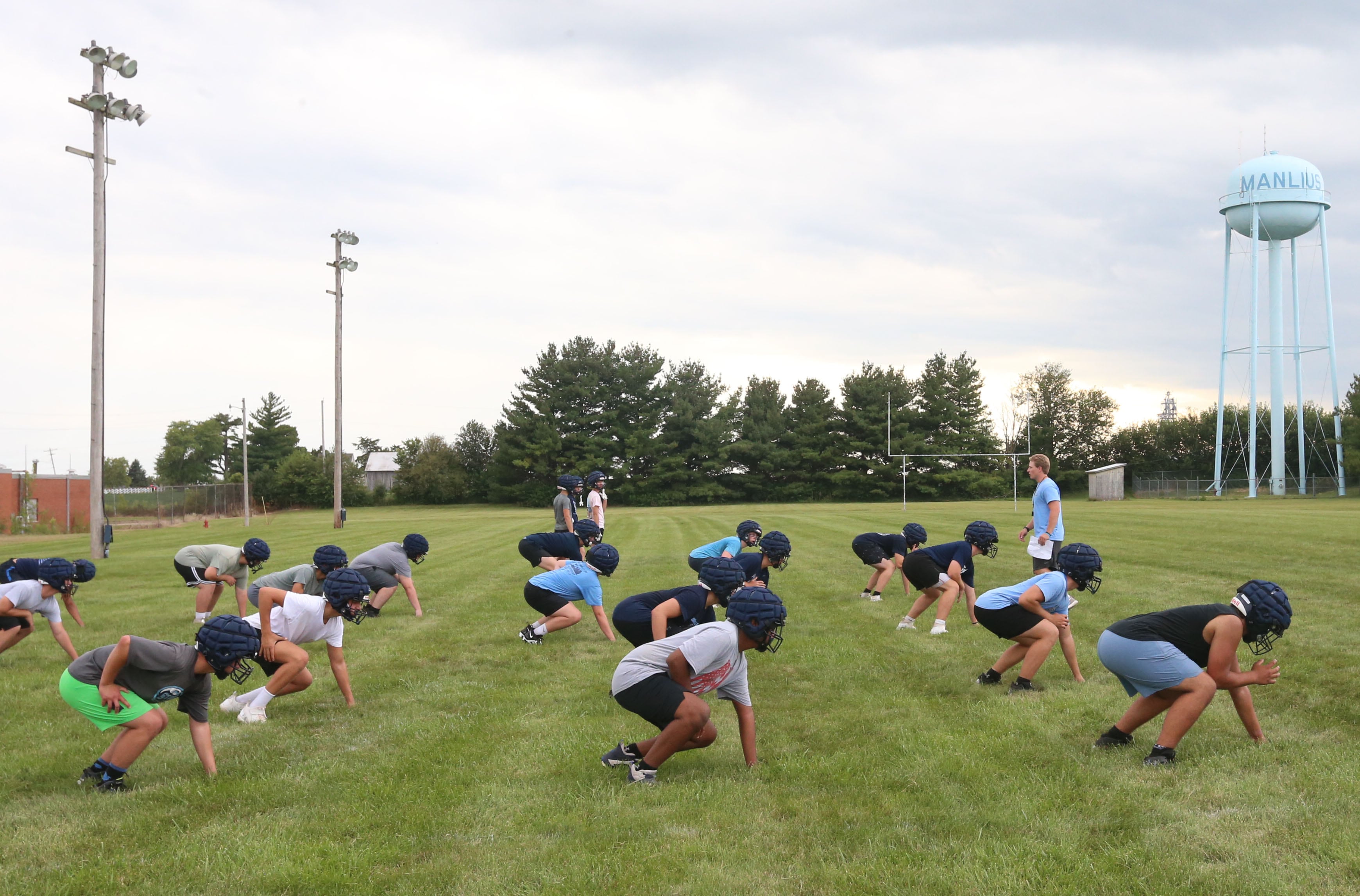 Members of the Bureau Valley football team run drills during the first day of football practice on Monday, Aug. 12, 2024 at Ken Bourquin Field in Manlius.