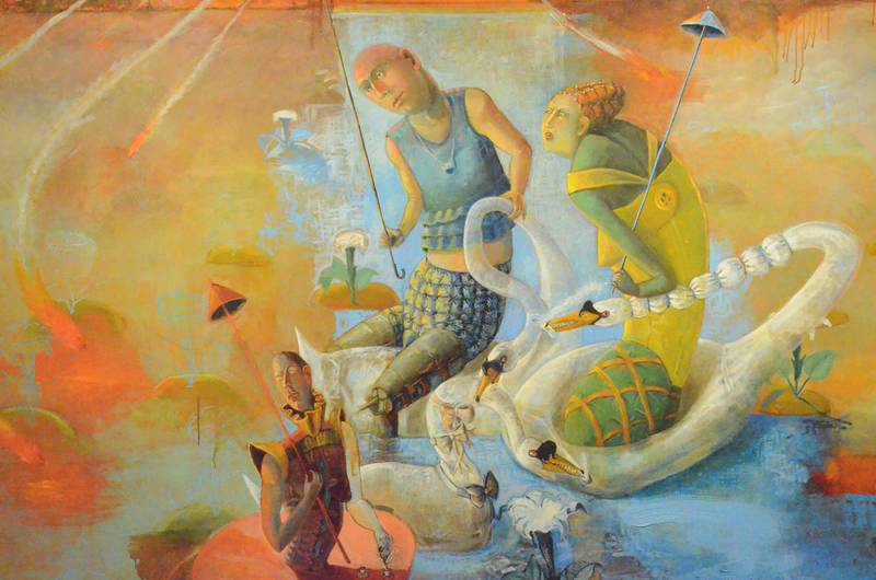 "Inflated Egos," an oil on linen by Eleanor Spiess-Ferris, is among paintings, prints, photos, sculpture and installation pieces from 40 artists in "Waterways," an exhibit at Aurora University's Schingoethe Center Museum, 1315 Prairie St. in Aurora, from Aug. 27-Dec. 12. An opening reception from 5 to 7 p.m. on Tuesday, Sept.10, will feature art, microtalks by artists and refreshments. "Egos" is on loan from the Illinois State Museum.