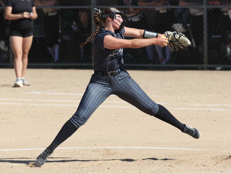Kaneland's Brynn Woods delivers a pitch during their Class 3A sectional semifinal against Sycamore Thursday, May 30, 2024, at Sycamore High School.