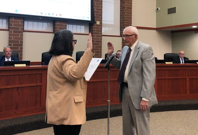 Harry Leopold is sworn in to the Huntley Village Board Aug. 8. 2024.