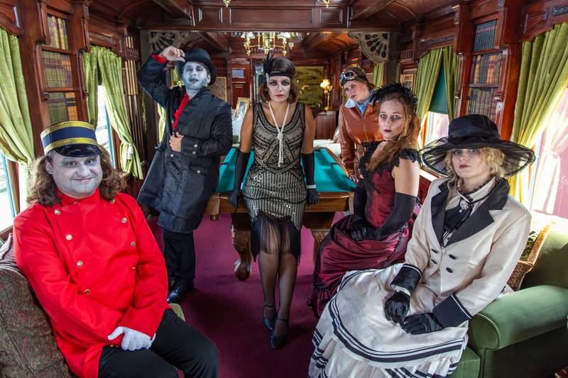 Actors portray a ghostly bellhop, vampire, flapper, pilot, clairvoyant saloon girl and Titanic passenger, respectively, during upcoming Halloween Experience trolley tours at the Volo Museum.