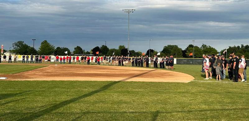 First responders are introduced onto the field before the Illinois Valley Pistol Shrimp game during first responder night on Tuesday, June 11, 2024 at Schweickert Stadium in Peru.