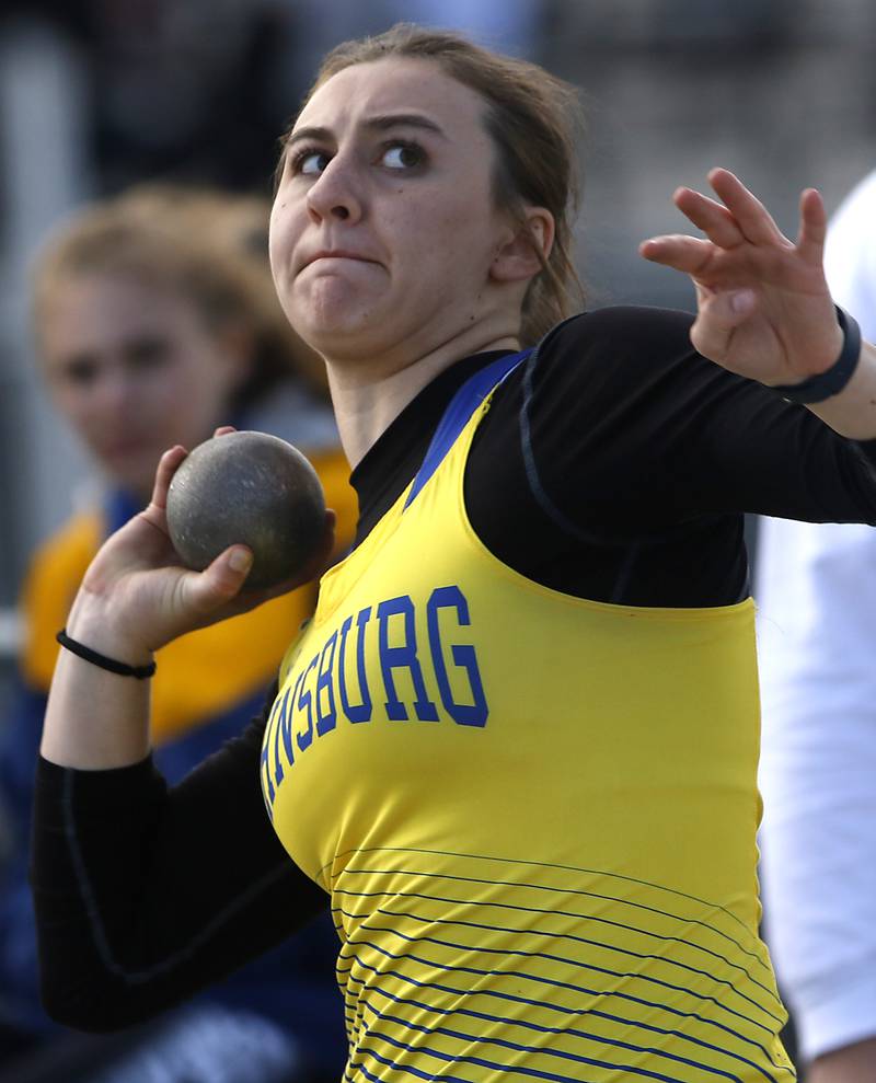 Johnsburg’s Juliana Cashmore throws the shot putt Friday, April 21, 2023, during the McHenry County Track and Field Meet at Cary-Grove High School.