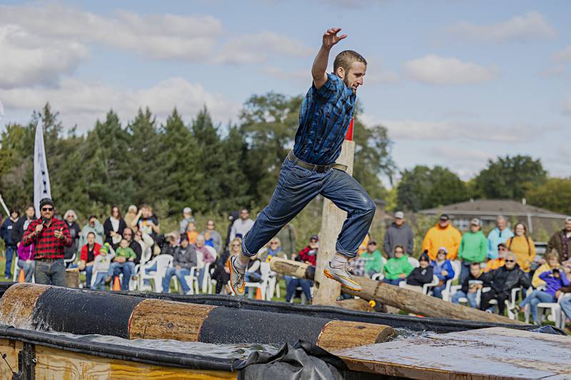 Tyler Berard makes one last leap to win the boom run at the Lumberjack show Saturday, Oct. 7, 2023.