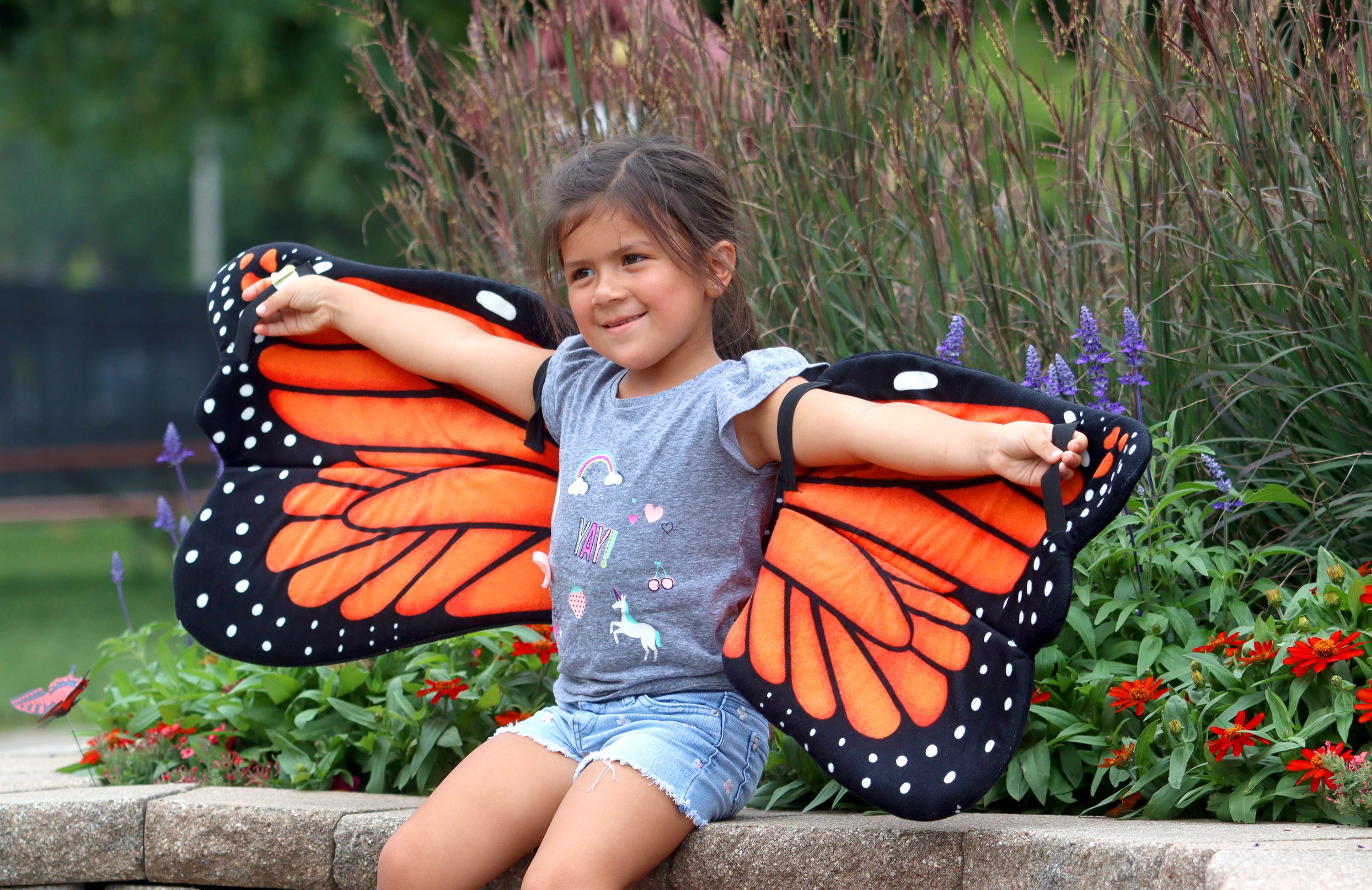 Arianna Arango, 5, of Algonquin tries on a pair of wings as The Monarch Coalition hosted the Monarch Fair at Crystal Lake Main Beach Sunday.