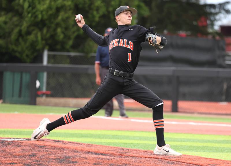 DeKalb's Jackson Kees throws a pitch during their Class 4A DeKalb Regional championship game against Huntley Friday, May 24, 2024, at Ralph McKinzie Field at Northern Illinois University in DeKalb.