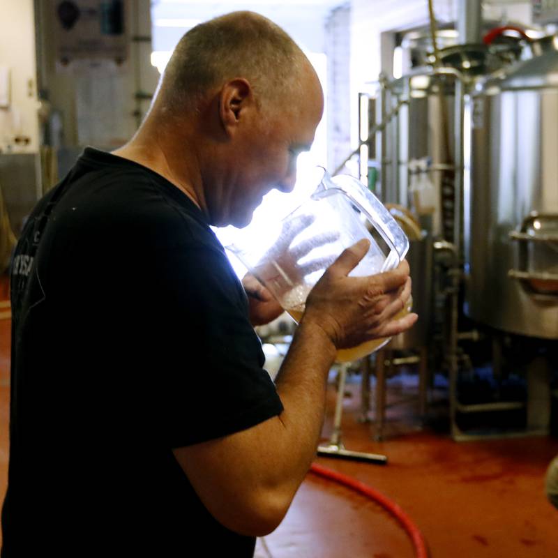 Brewmaster Ryan Clooney smells beer while brewing a batch of Hefe Weizen beer on Friday, May 3, 2024 at the Crystal Lake Brewing. The brewery is celebrating its 10th anniversary and recently won a bronze award in Brown Porter category at the World Beer Cup in Las Vegas.