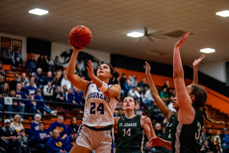 Serena's Maddie Glade puts up a shot during the 1A Sectional game on Tuesday Feb. 20, 2024 at Gardner-South Wilmington High School in Gardner