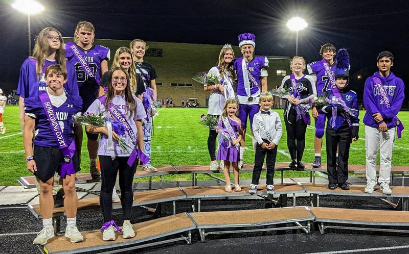 The Dixon High School 2023 Homecoming Court included (first row from left) Freshman Attendants Jake Zepezauer and Rachel Lance; (second row) Sophomore Attendants Solis Thompson and Ronin Quick, Mini King and Queen Beckett Hopper and Olivia Glenn and Junior Attendants Olivia Payne and Pete Kulpriyapak; (third row) Senior Attendants Tyler Herwig and Ellyonna Brown, Homecoming Queen Ava Valk,
Homecoming King Collin Scott and Senior Attendants Kaydence Burger and Sam Zimmerman.