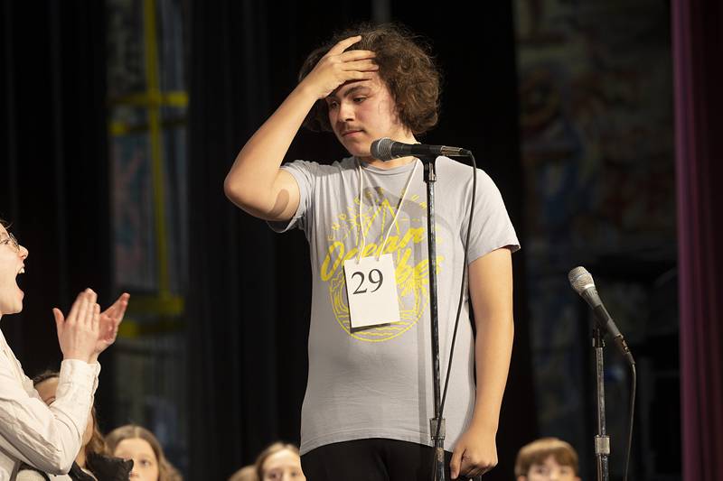 Fulton Unity Christian eighth-grader Jake Bailey reacts to winning the Lee-Ogle-Whiteside regional spelling bee Thursday, Feb. 22, 2024. Bailey correctly spelled “fraudulent” in round 14 after going toe-to-toe with Prophetstown-Lyndon-Tampico seventh-grader Jackson Melton.