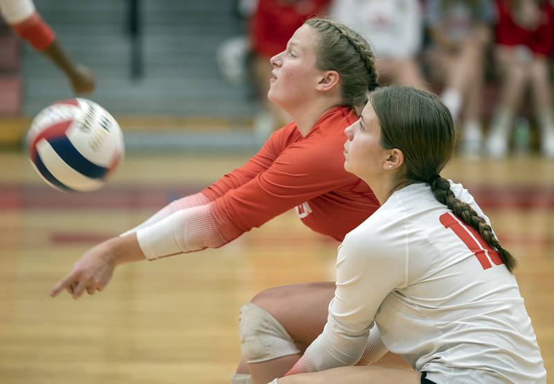 Oregon’s Madi Shaffer makes the play against Newman Thursday, Sept. 12, 2024, at the Blackhawk Center in Oregon.