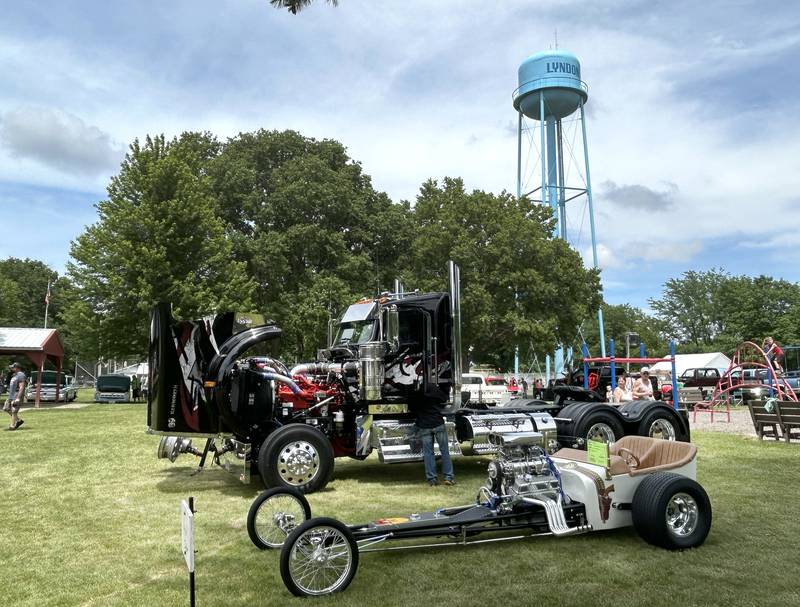 A record 137 vehicles took part in the Lyndon Car Show on Sunday, June 2, 2024. Here, a 1925 Ford J dragster, owned by Neil Hambly of Yorkville sits next to a 2024 Kenworth W900L, owned by Shawn Swanson of Prophetstown.