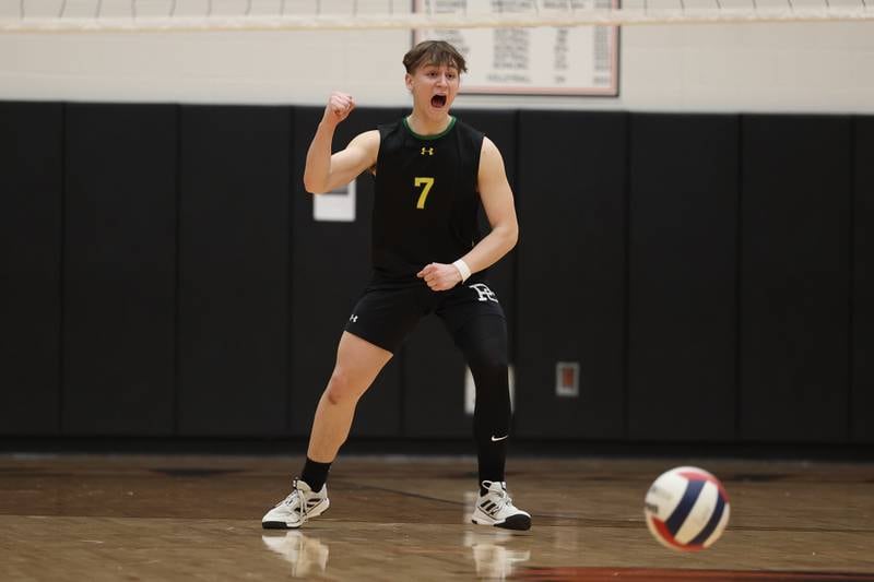 Providence’s Andrew Lubinski celebrates a point against Lincoln-Way West on Wednesday, April 3, 2024 in New Lenox.