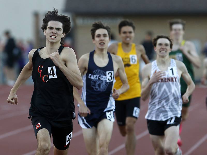 Crystal Lake Central’s Jackson Hopkins races to a first place finish in the 800 meter run during the Huntley IHSA Class 3A Boys Sectional Track and Field Meet on Wednesday, May 15, 2024, at Huntley High School.