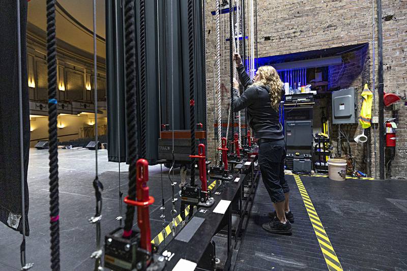 Technical director Scott Shipp demonstrates the new rigging system Thursday, Oct. 19, 2023 at The Dixon.