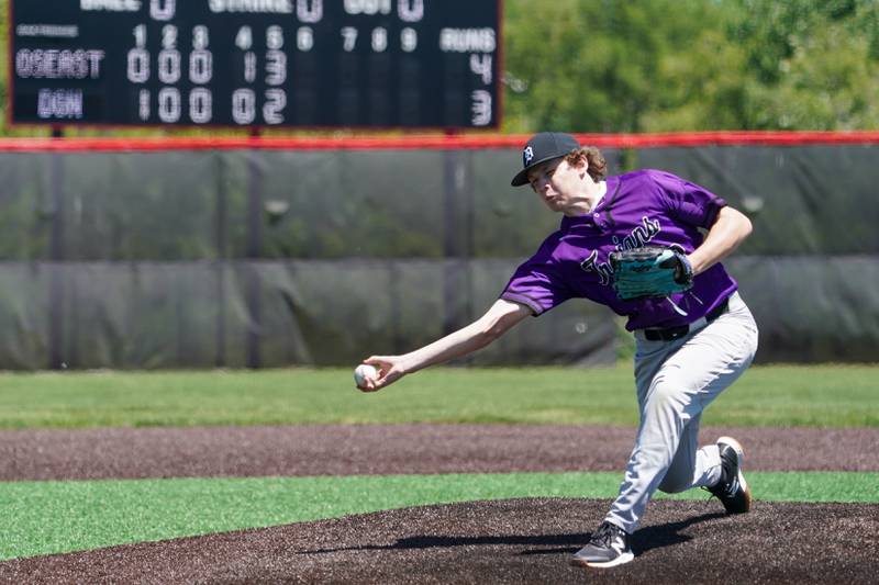 Downers Grove North's Zack Ziroli (23) delivers a pitch against Oswego East during a 4A Bolingbrook Regional Championship baseball game at Bolingbrook High School on Saturday, May 25, 2024.