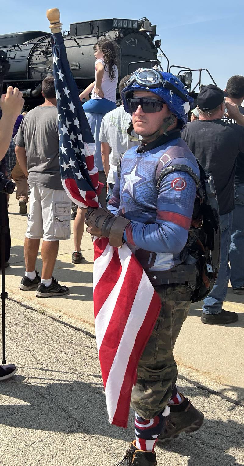 Jesse Lycan of Columbus, Ohio, came dressed as Captain America to see the Big Boy steam engine on Sunday, Sept. 8, 2024.