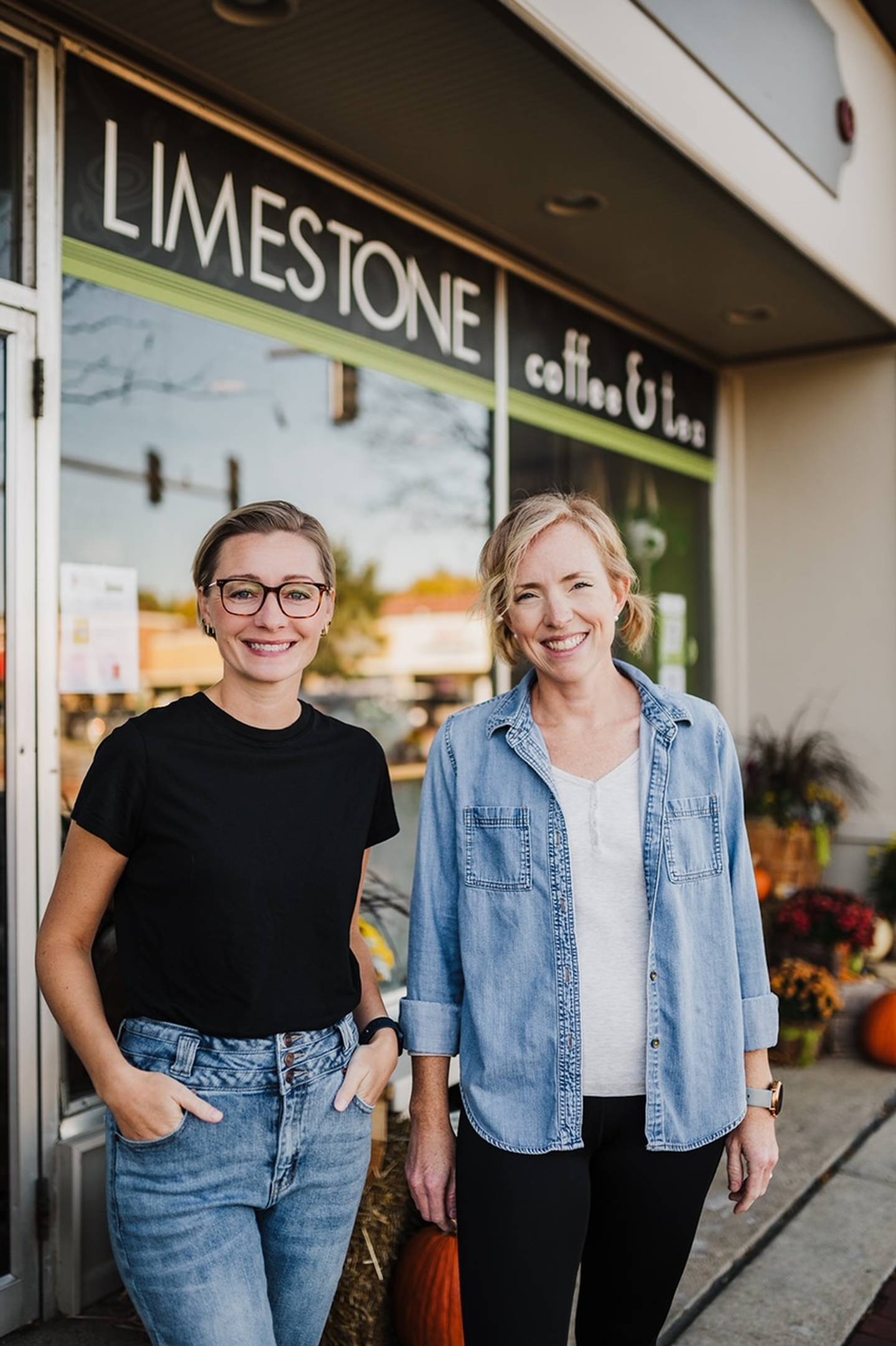 Owners Leah Leman and Joy Mason gather outside Limestone Coffee & Tea in downtown Batavia.