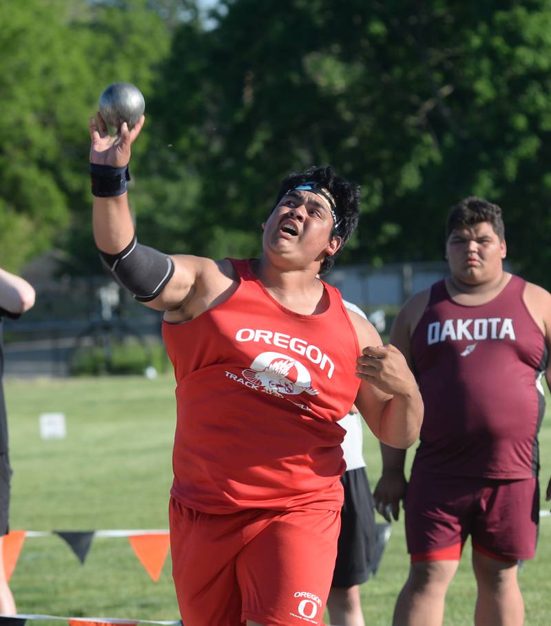 Oregon's Evyn Carreno finished second in the shot put with a throw of 13.50 meters (44' 3.5") to  finish second n the event at the 1A Winnebago Sectional on Friday, May 17, 2024 in Winnebago. He will compete in the event at the state finals at Eastern Illinois University in Charleston.