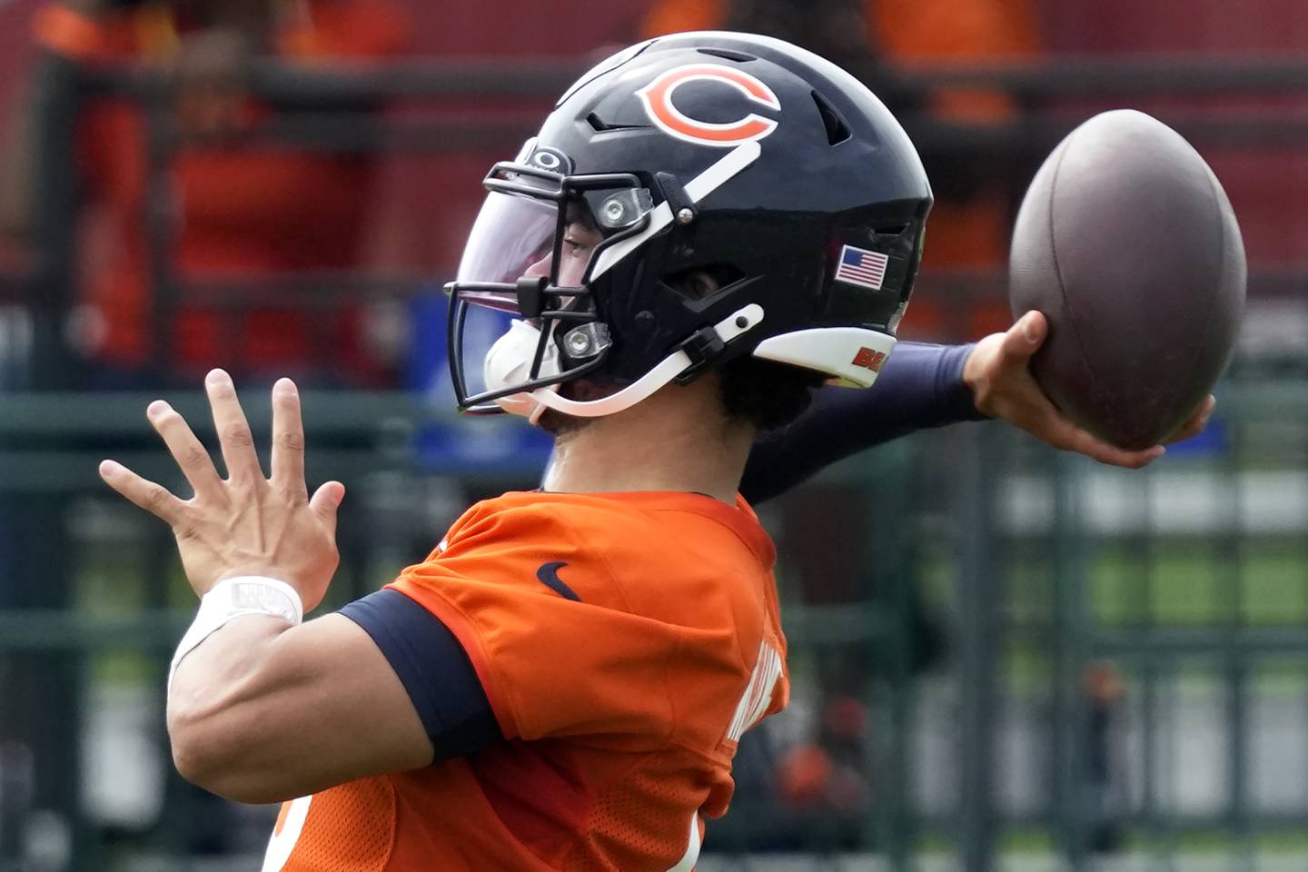 Chicago Bears quarterback Caleb Williams throws during an NFL football training camp practice in Lake Forest, Ill., Tuesday, July 23, 2024. (AP Photo/Nam Y. Huh)